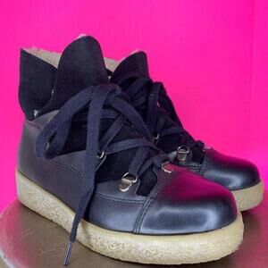 Ganni Masha Texas Black Leather Shearling Platform Lace-Up Hiker Boots US 6